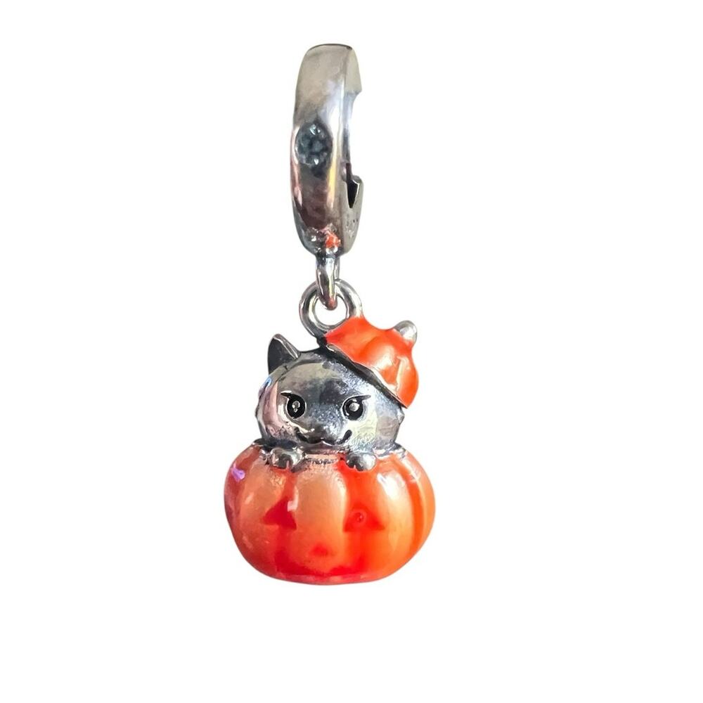 NEW Kitten in a Pumpkin Jack-o-Lantern Halloween Dangle Charm